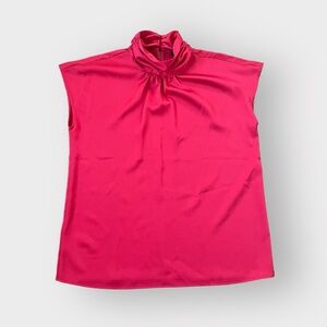 Ann Taylor Factory Red Silky Ruched Neck Cap Sleeve Blouse